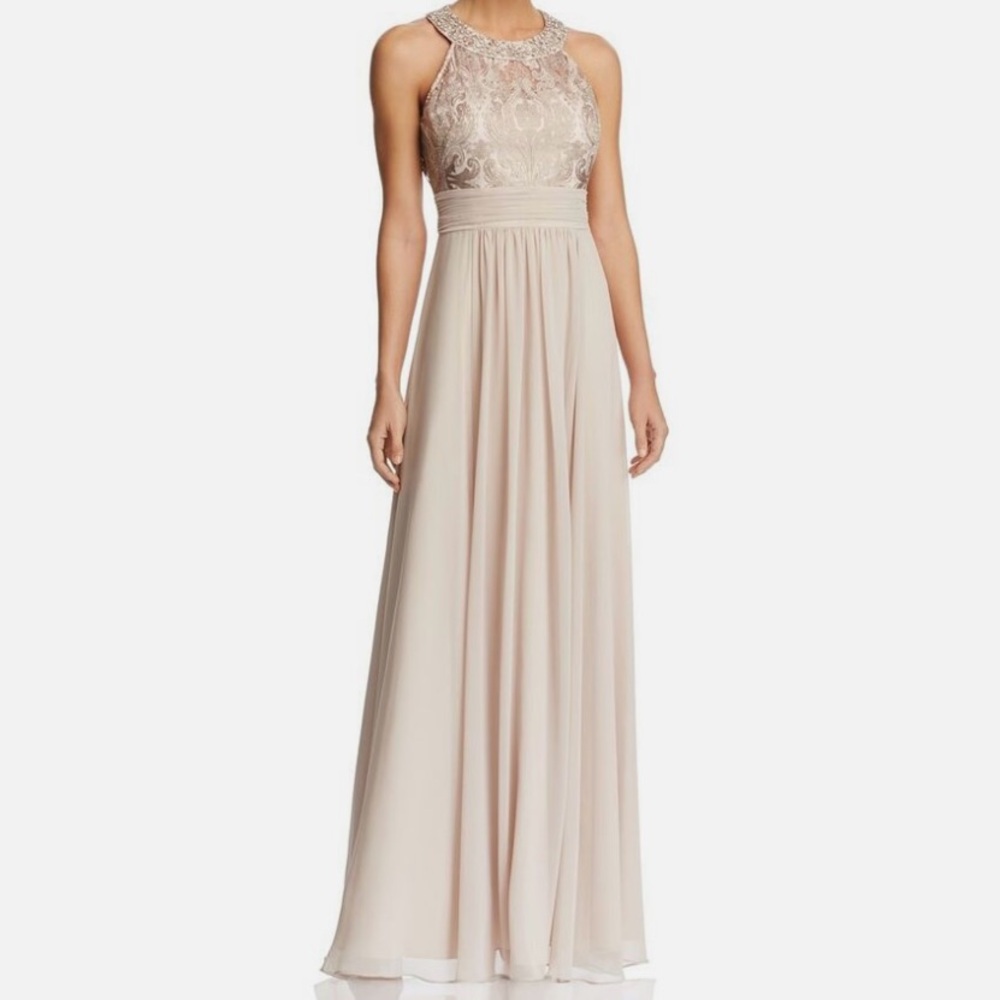 Eliza J Beige A-line Sleeveless Jewel Neck Lace Bodice Gown